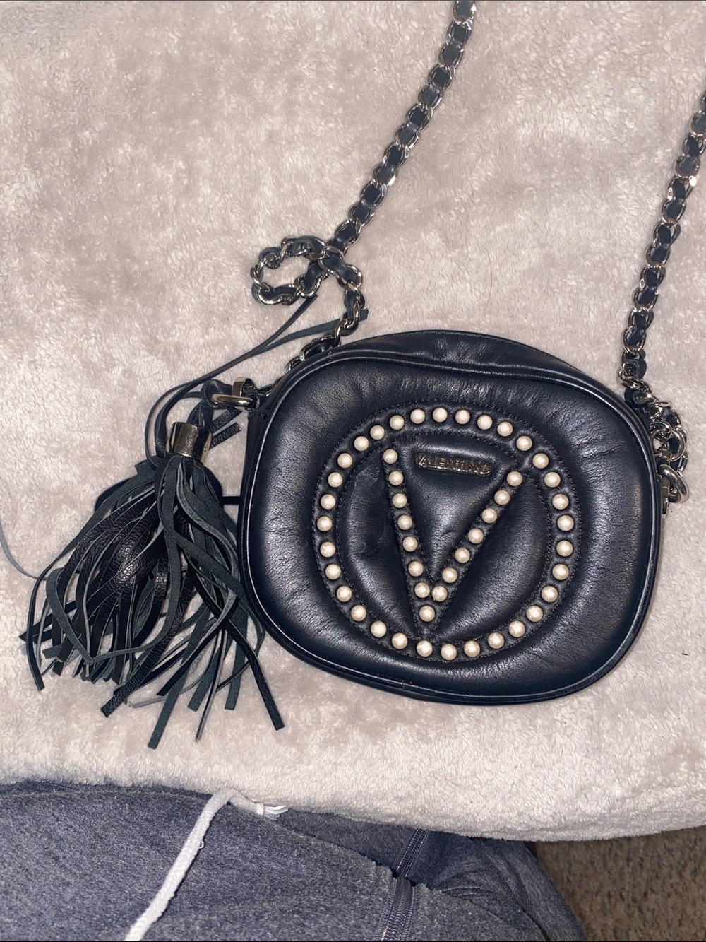 Valentino Black Leather Crossbody with Pearl V and Tassel